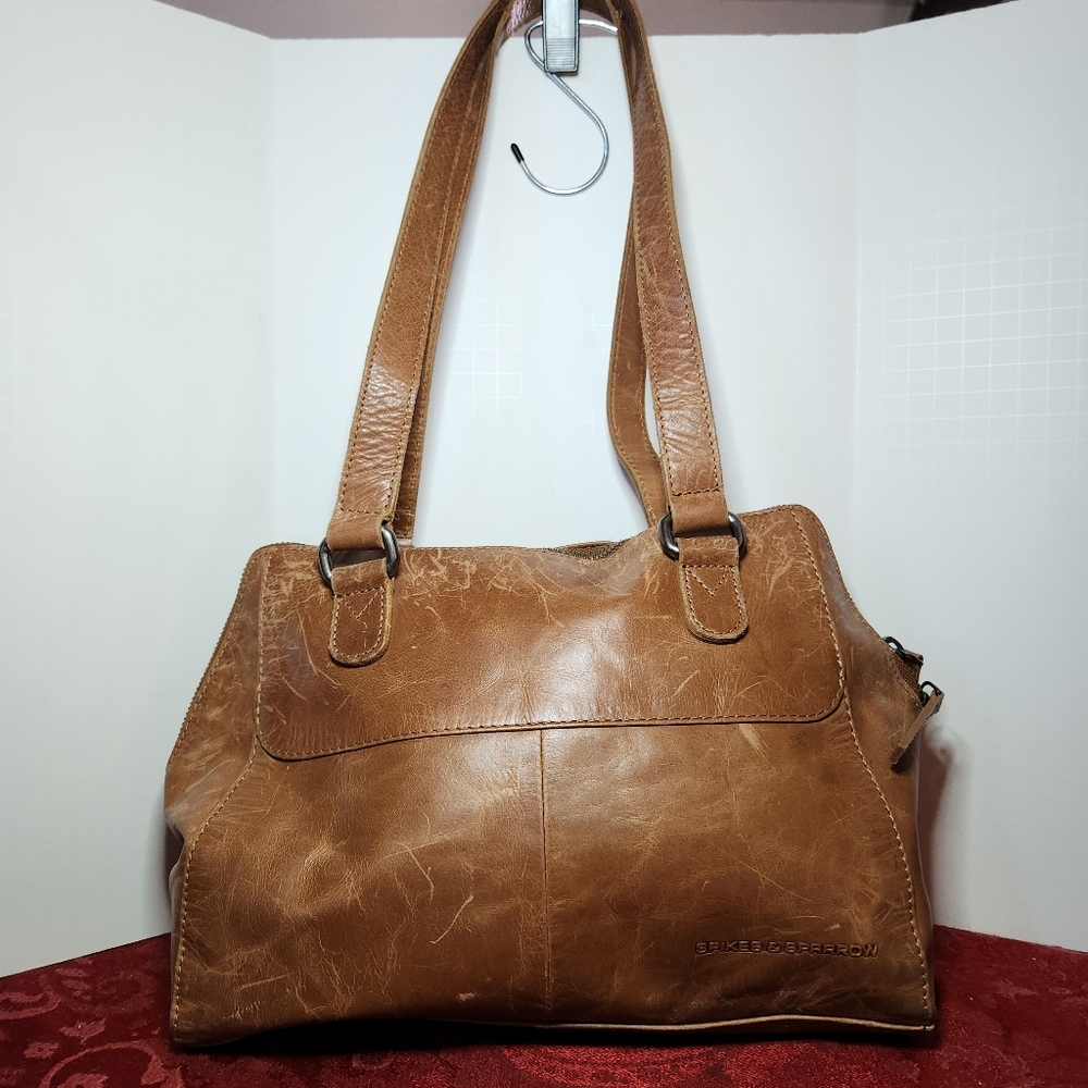 Spikes & Sparrow Genuine Leather Shoulder Bag Purse Brown Front Zip Pocket